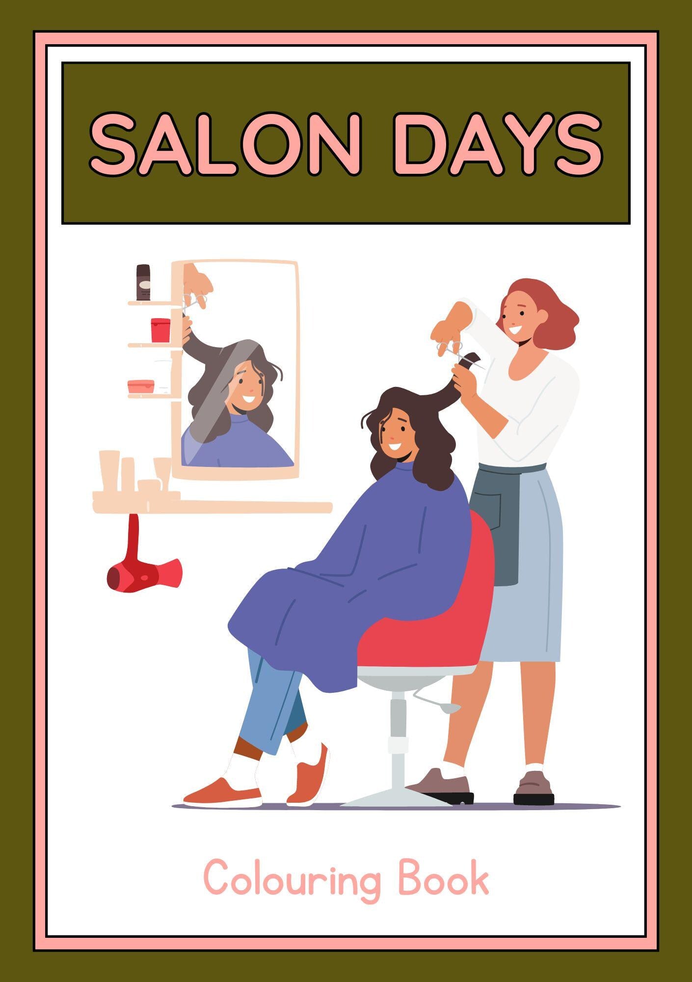Cover of a digital coloring book for kids titled 'Salon Days', featuring an illustration of a child seated in a salon chair with a hairstylist standing behind her, holding hair accessories.