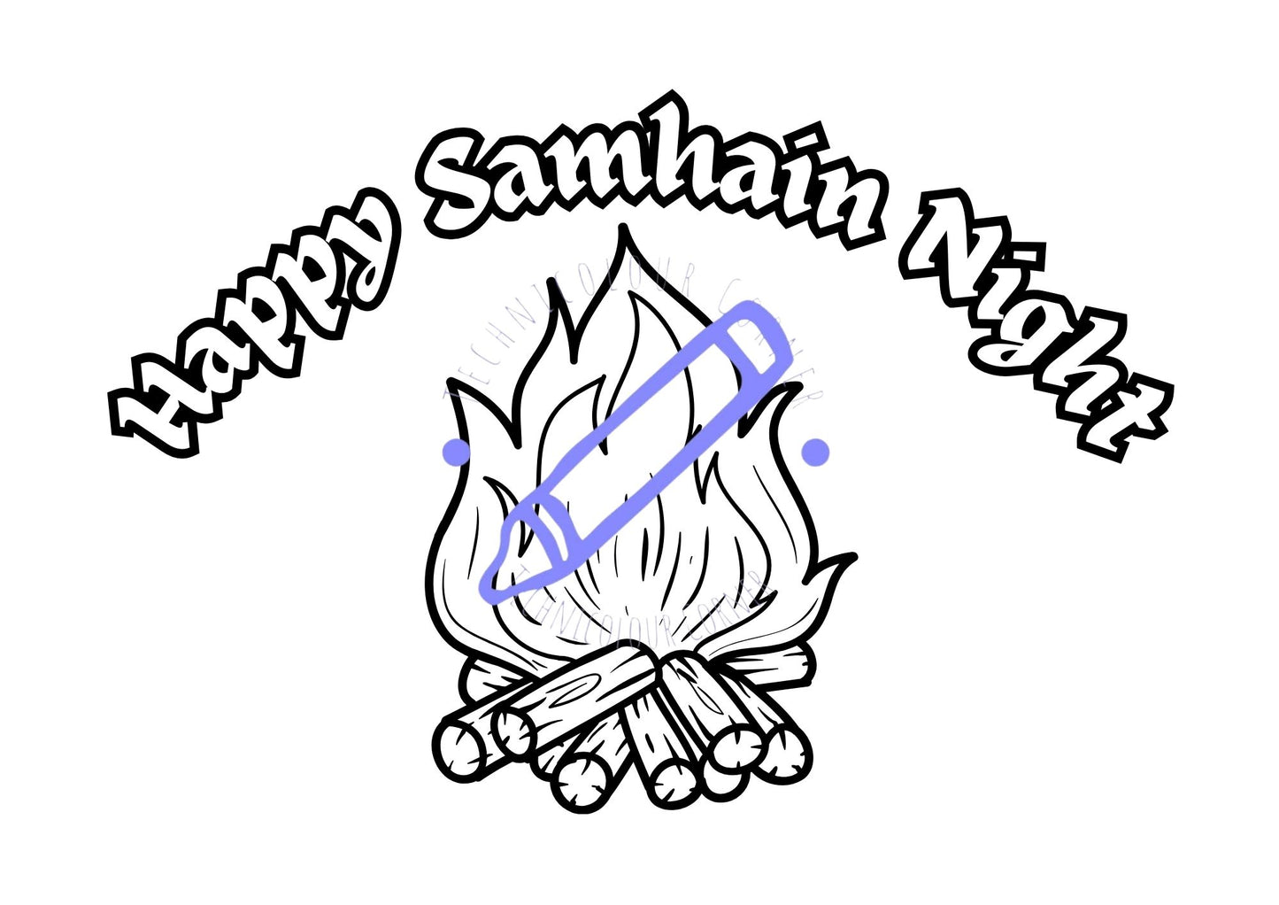A coloring page design featuring a bonfire with text 'Happy Samhain Night' and a signature.