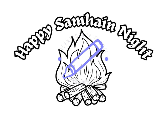 A coloring page design featuring a bonfire with text 'Happy Samhain Night' and a signature.