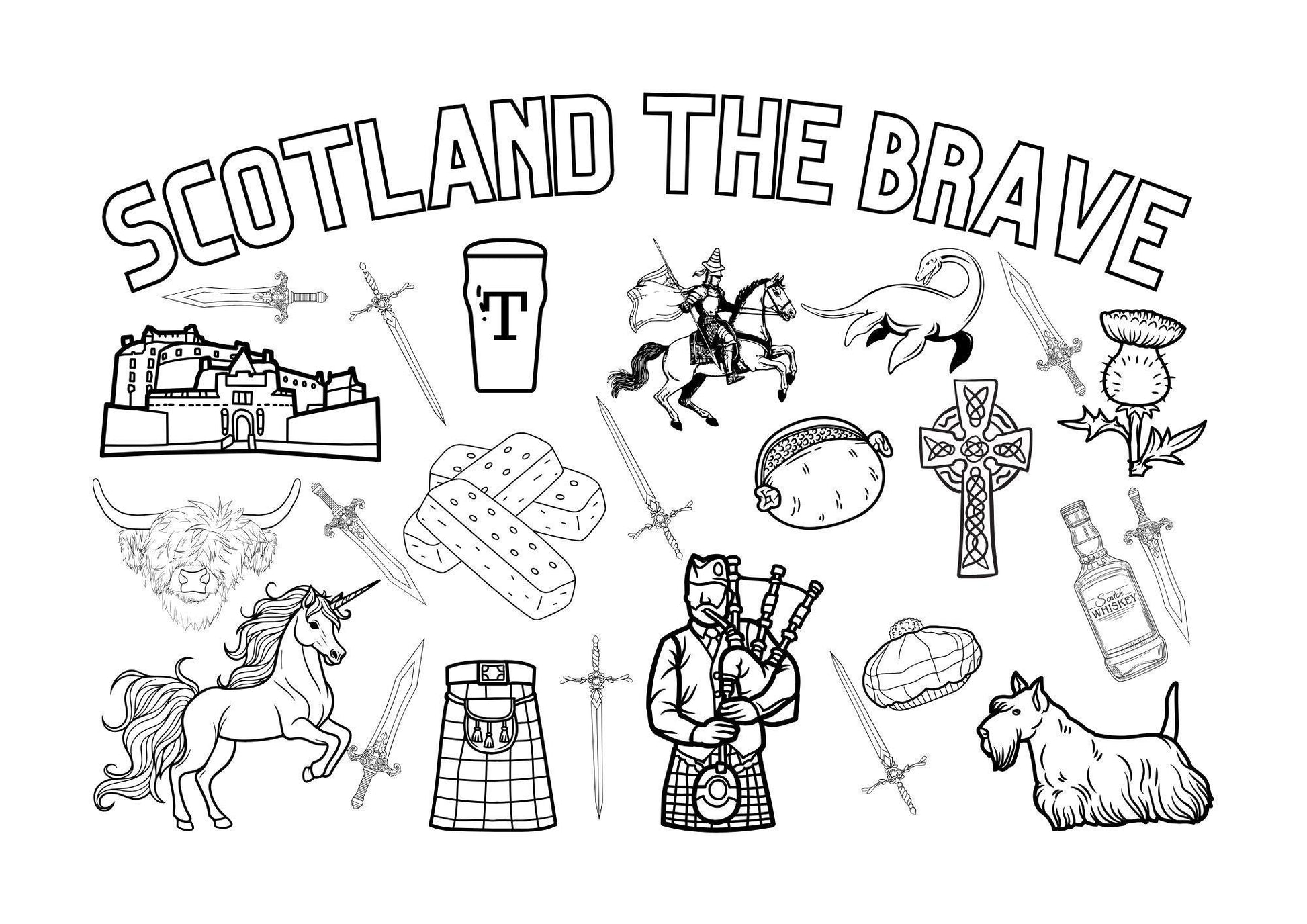 Colouring page of scottish icons for st andrews day celebrations 