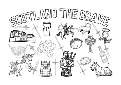 Colouring page of scottish icons for st andrews day celebrations 