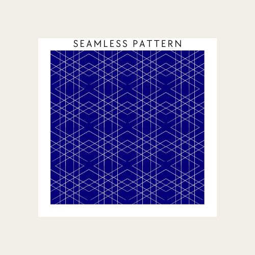 Geometric pattern with 'Seamless Pattern' text on a blue and white background
