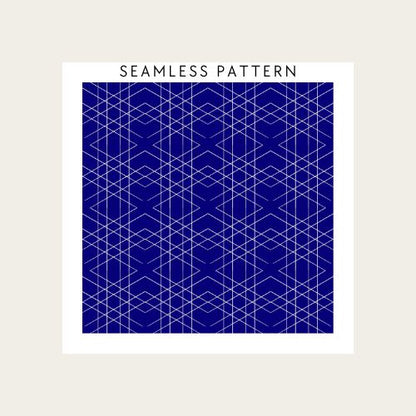 Geometric pattern with 'Seamless Pattern' text on a blue and white background