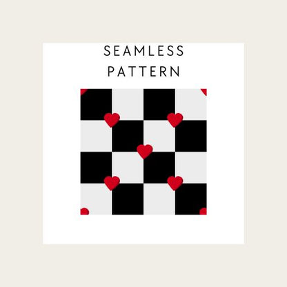 Pattern design with black, white, and red squares featuring heart shapes on a beige background.