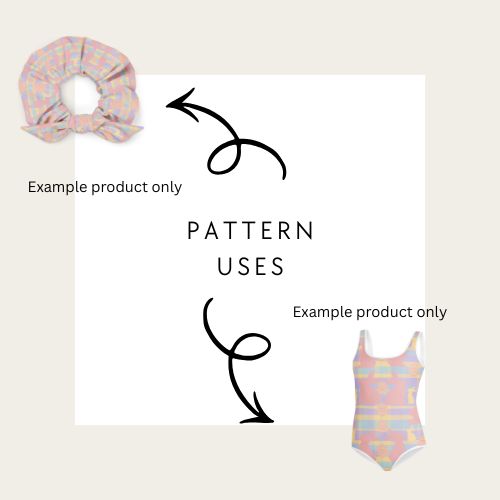 Product pattern application on a scrunchie and swimsuit with text 'Pattern Uses'.