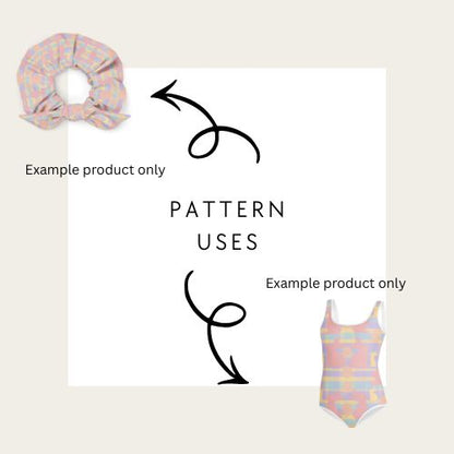 Product pattern application on a scrunchie and swimsuit with text 'Pattern Uses'.