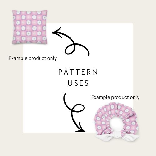 Product display with a pillow, hair scrunchie, and decorative elements on a light background.