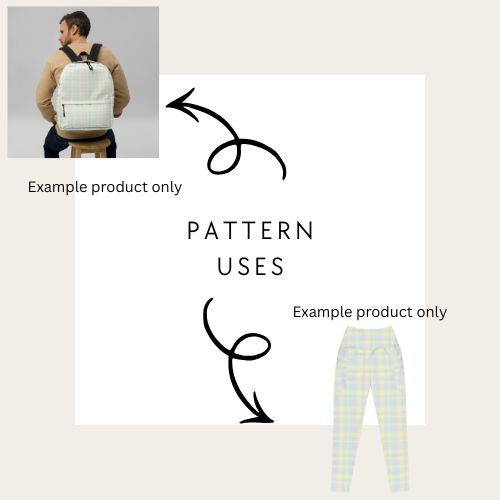 Product pattern application on a backpack and pants with text 'Example product only'.