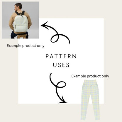 Product pattern application on a backpack and pants with text 'Example product only'.
