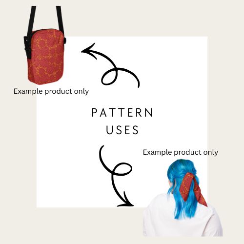 A promotional graphic showing a red patterned crossbody bag at top left and a person with bright blue hair wearing a matching red patterned headscarf at bottom right, with arrows and the text 'PATTERN USES' indicating the pattern is applicable to both products. The text also says 'Example product only' for both items.