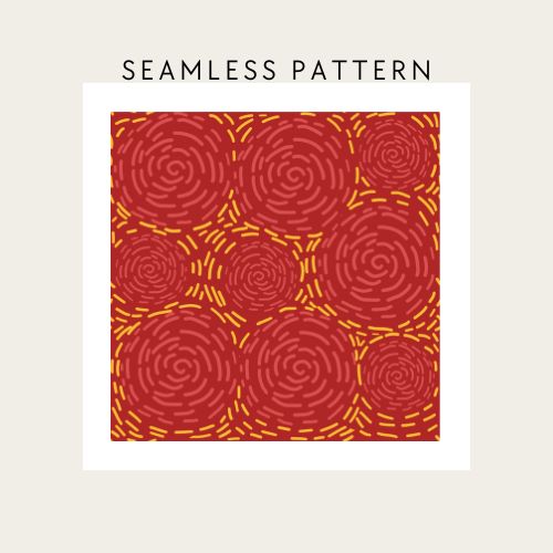 A digital preview of a seamless pattern featuring red circular spirals and yellow dashed accents, presented on a white square card with the text 'SEAMLESS PATTERN' above it.