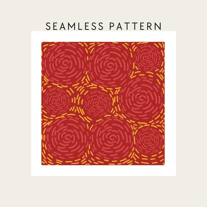 A digital preview of a seamless pattern featuring red circular spirals and yellow dashed accents, presented on a white square card with the text 'SEAMLESS PATTERN' above it.
