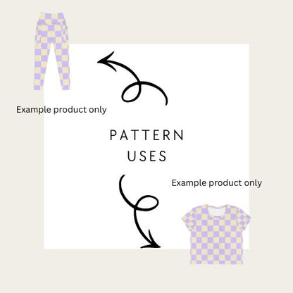 Checkered pants, t-shirt, and abstract shapes with text 'Pattern Uses' on a beige background.