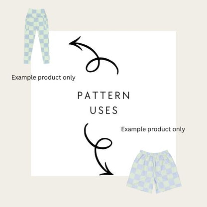 Checkered pants and shorts with text 'Pattern Uses' on a beige background
