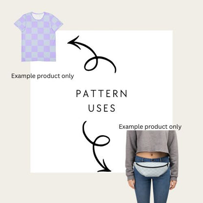 Product pattern application on a t-shirt and fanny pack with text 'Pattern Uses' and 'Example product only'.