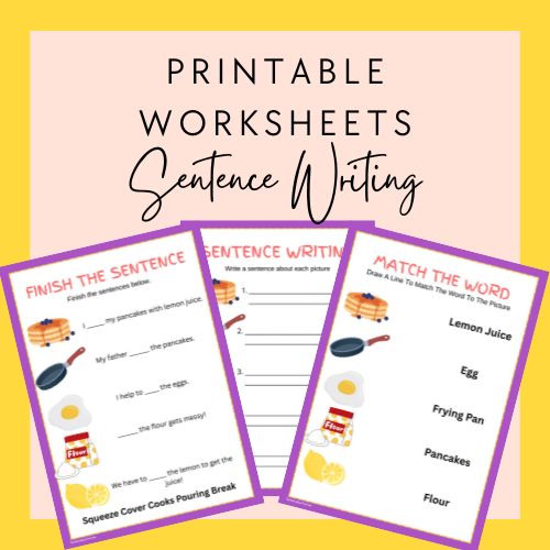 Three printable worksheets for sentence writing on a yellow background with text 'Printable Worksheets Sentence Writing'.