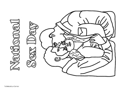 Black and white National Sex Day coloring page featuring a line art illustration of a couple embracing, with 'National Sex Day' written vertically on the left.