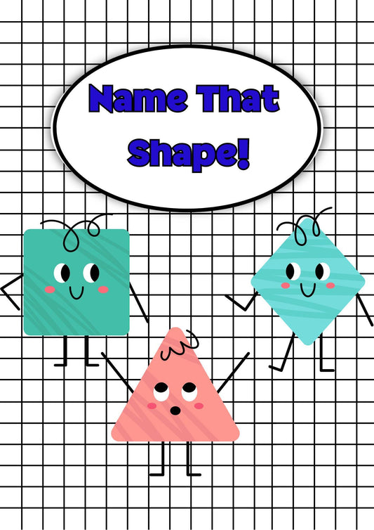 Cover of a digital educational book for kids titled 'Name That Shape!' featuring cartoon shapes with faces and arms posing.