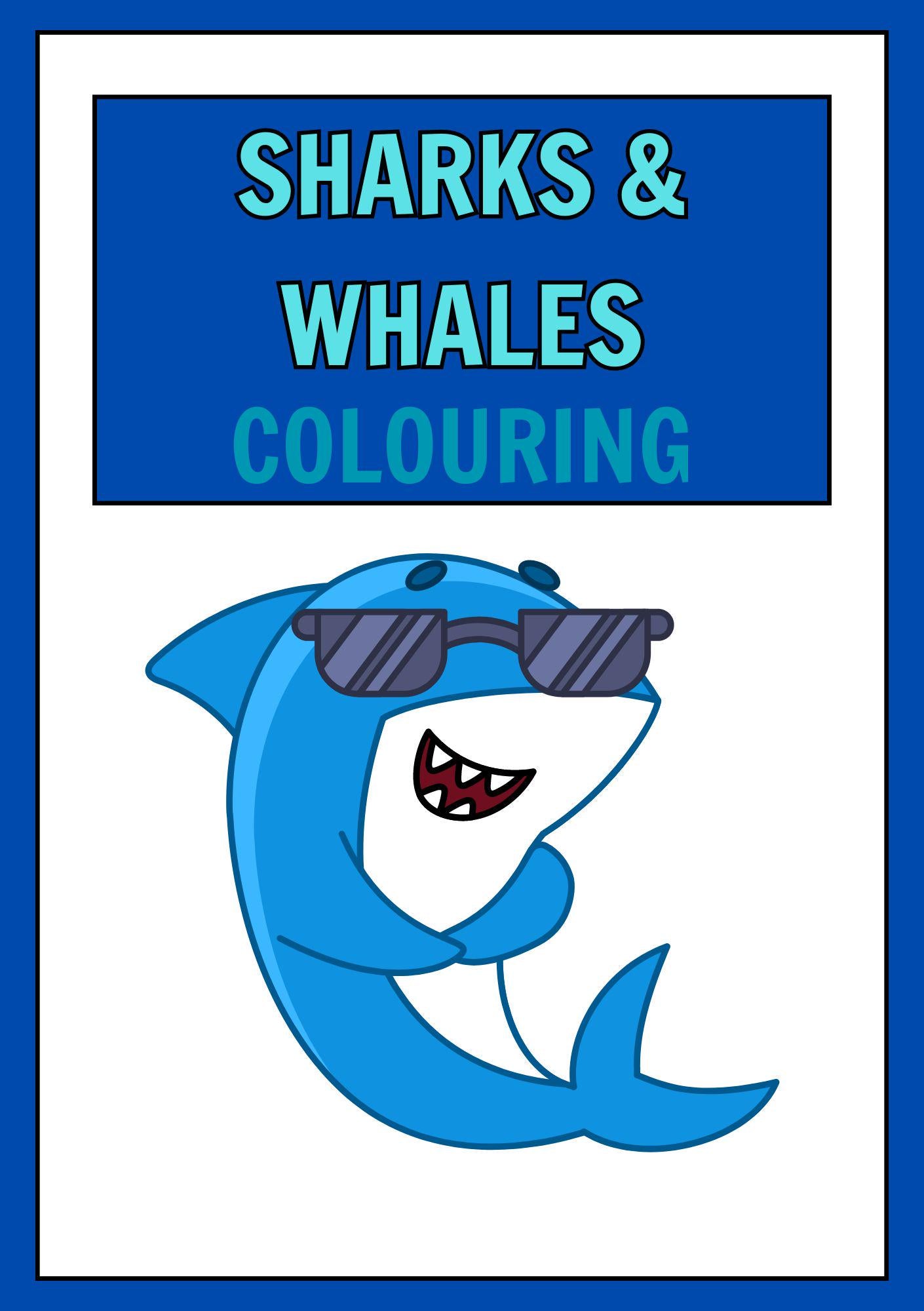 Cover of a digital colouring book for kids featuring a cartoon shark with sunglasses.
