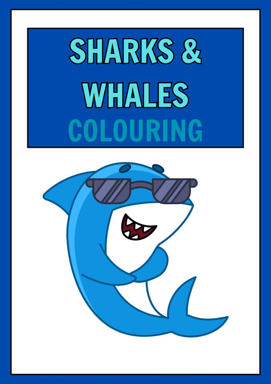 Cover of a digital colouring book for kids featuring a cartoon shark with sunglasses.