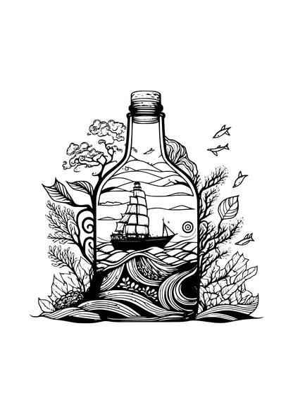 detailed black and white design of a ship on the sea in a bottle