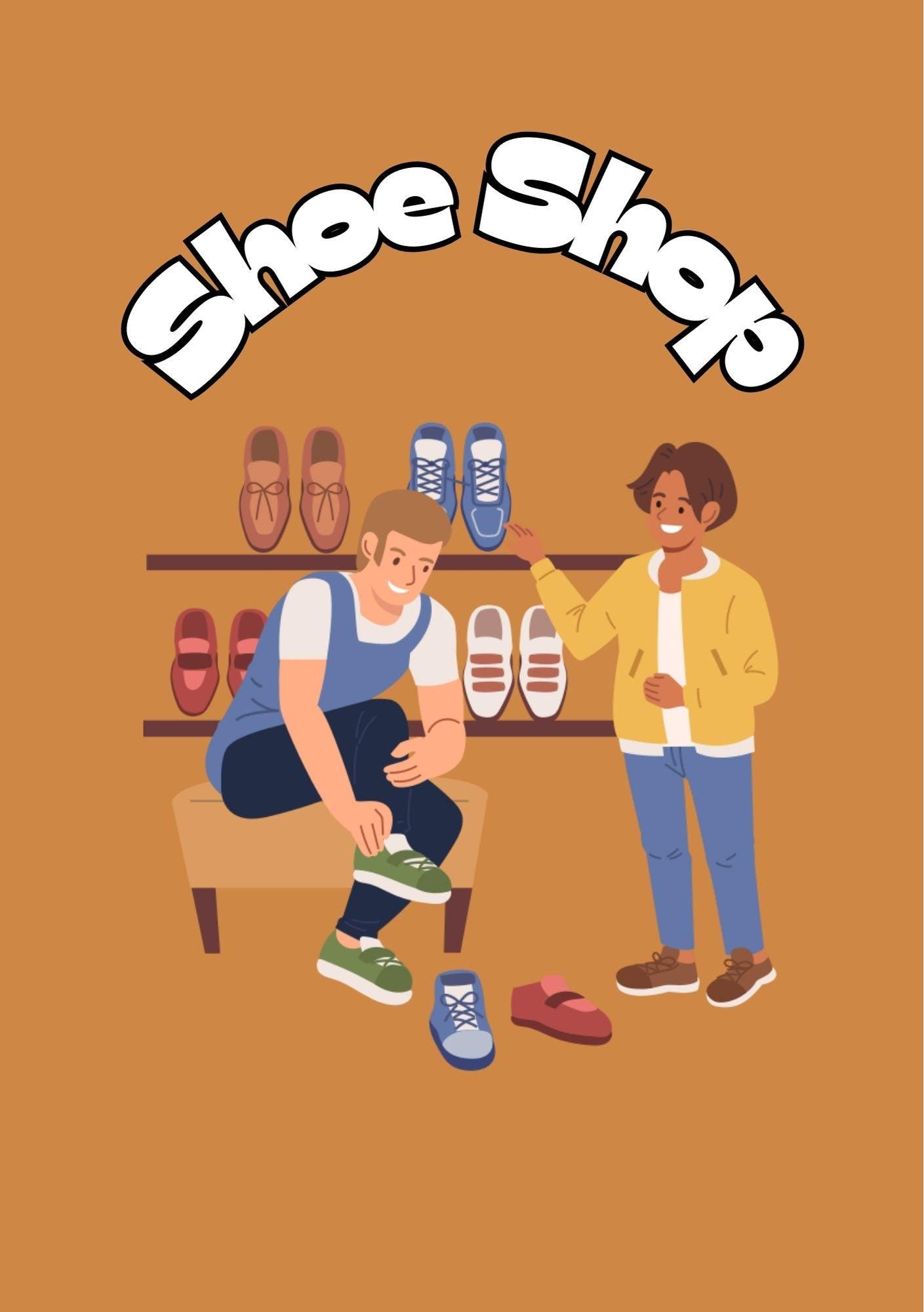Illustration of a coloring book cover with the title 'Shoe Shop'. It shows two cartoon characters, a child and an adult, in a shoe store with various shoes displayed.