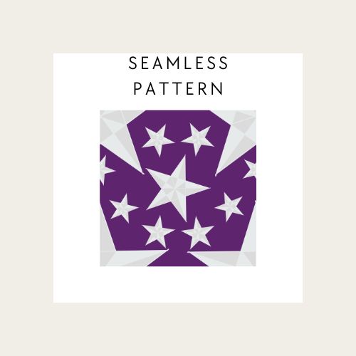 Seamless pattern with white stars on a purple background, displayed on a beige background.