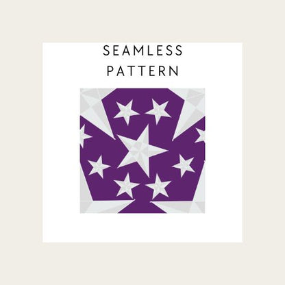 Seamless pattern with white stars on a purple background, displayed on a beige background.