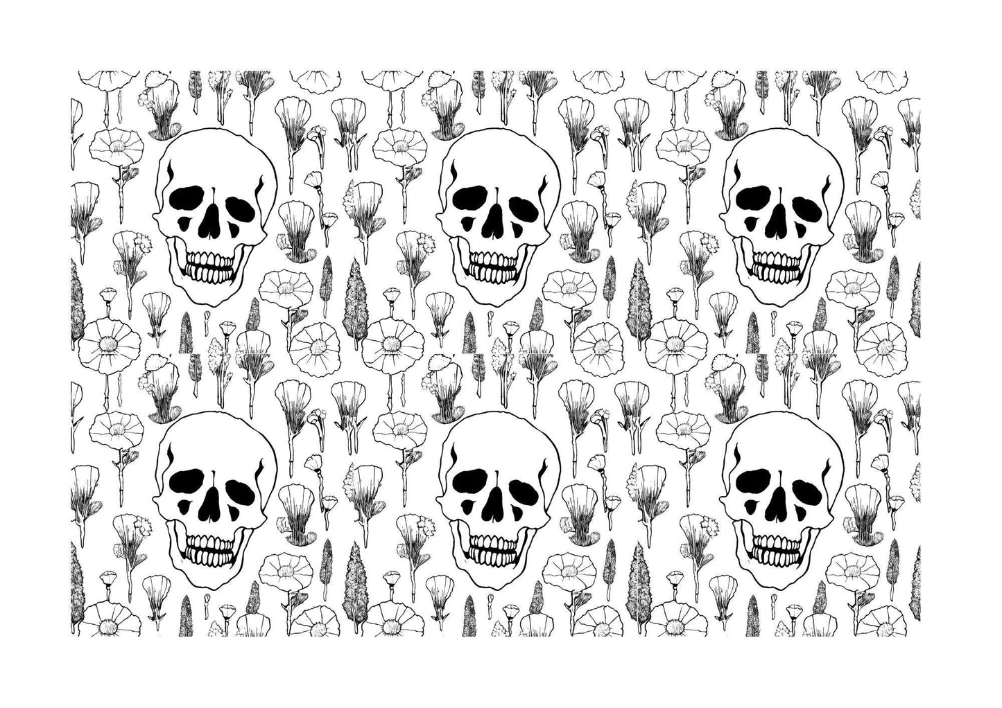 skulls and wild flowers repeating pattern colouring page