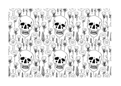 skulls and wild flowers repeating pattern colouring page