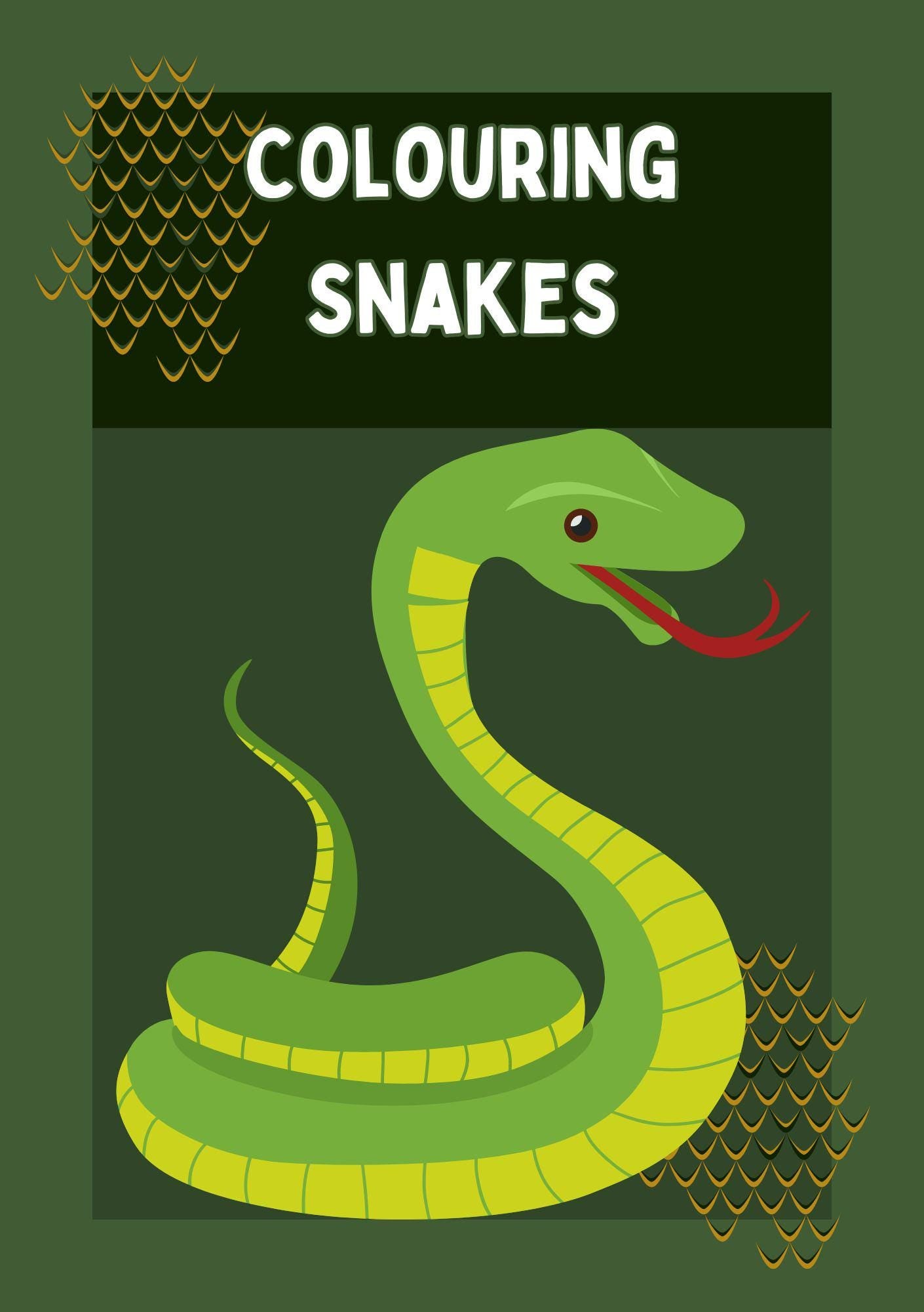 Cover of a digital coloring book for kids titled 'COLOURING SNAKES' featuring a green snake with a red tongue on a dark background with yellow patterned details.