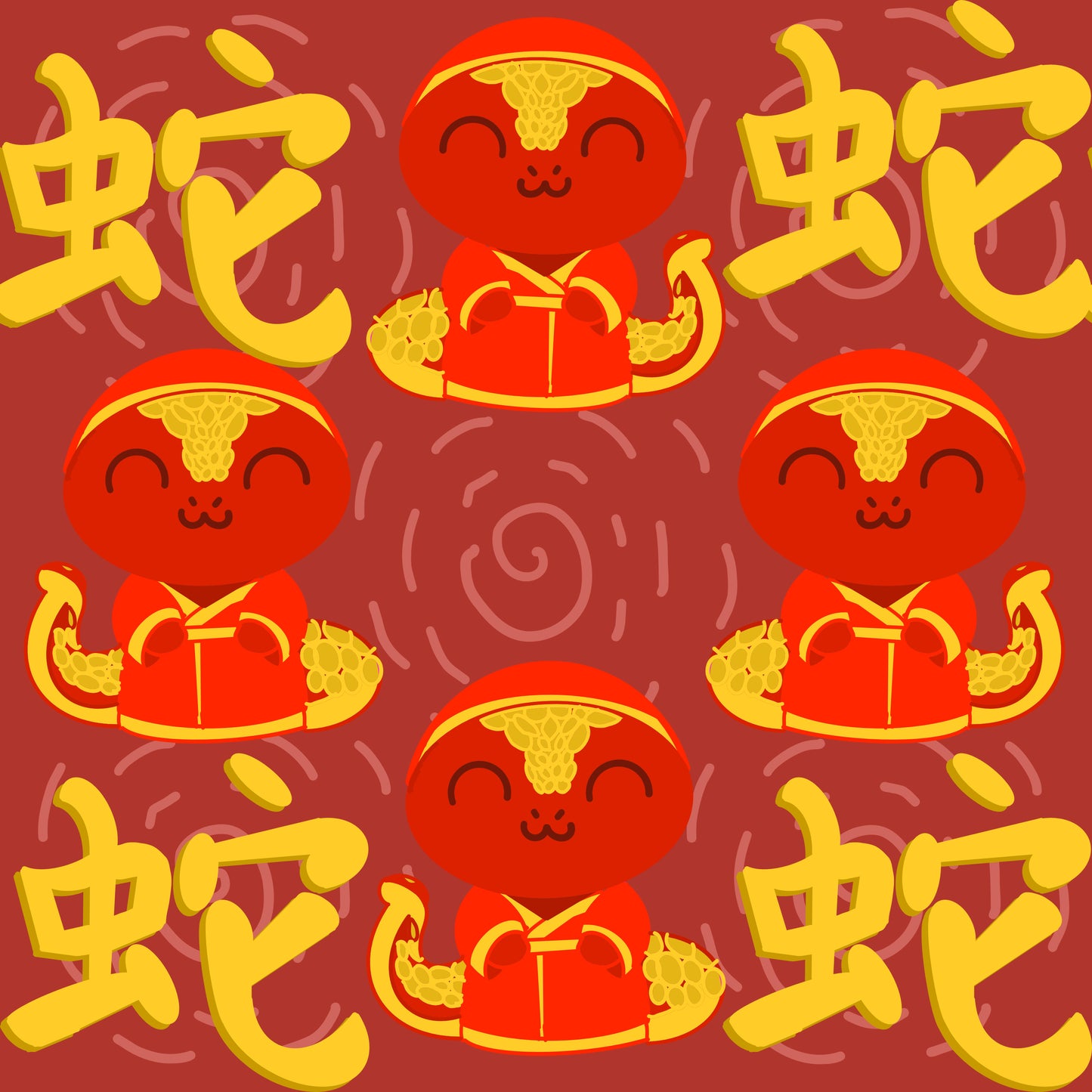 hand drawn seamless file of a snake wearing red and gold clothing on a red background celebrating lunar new year