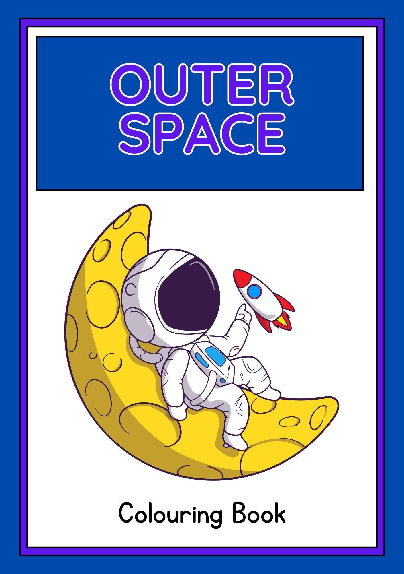Cover of the 'Outer Space Travel Kids Digital Colouring Book' featuring an illustration of an astronaut sitting on a crescent moon with a small rocket beside them.