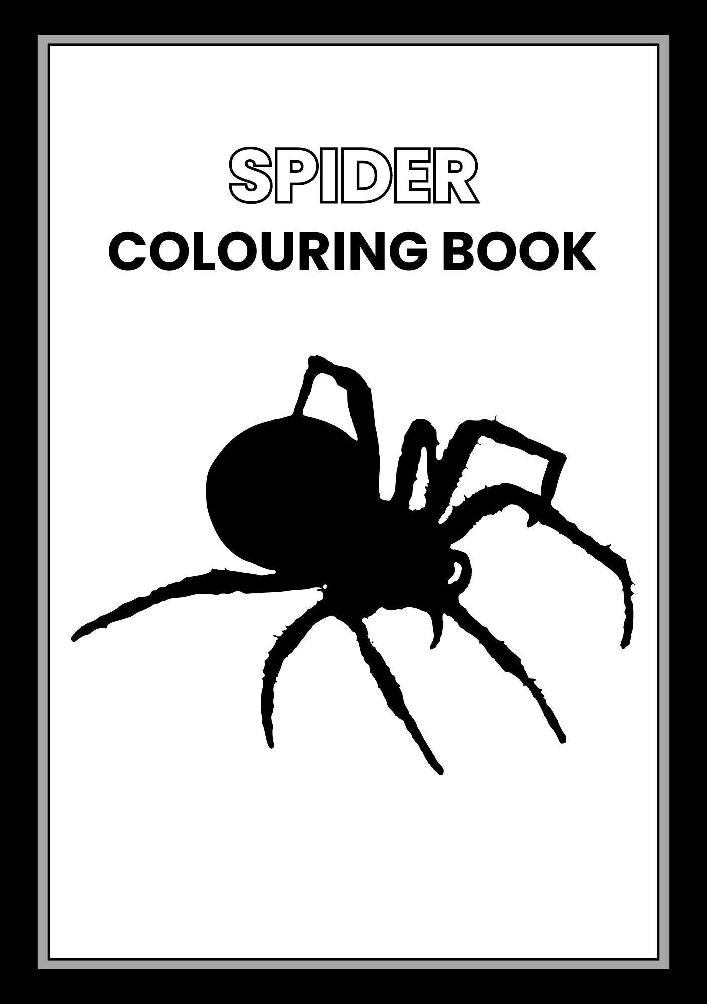 Cover of the 'Spider Colouring Book' featuring a black and white illustration of a spider on a white background with the title text.