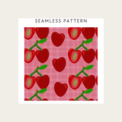 Seamless pattern of red cherries on a pink background with 'Seamless Pattern' text above.