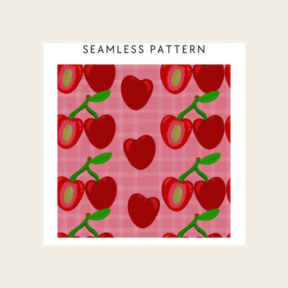 Seamless pattern of red cherries on a pink background with 'Seamless Pattern' text above.