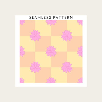 Checkered pattern with pink flowers on a beige background