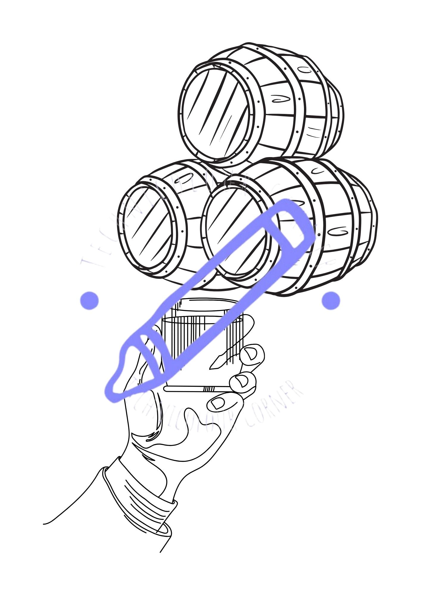 Colouring page of a hand holding the whiskey glass before barrels