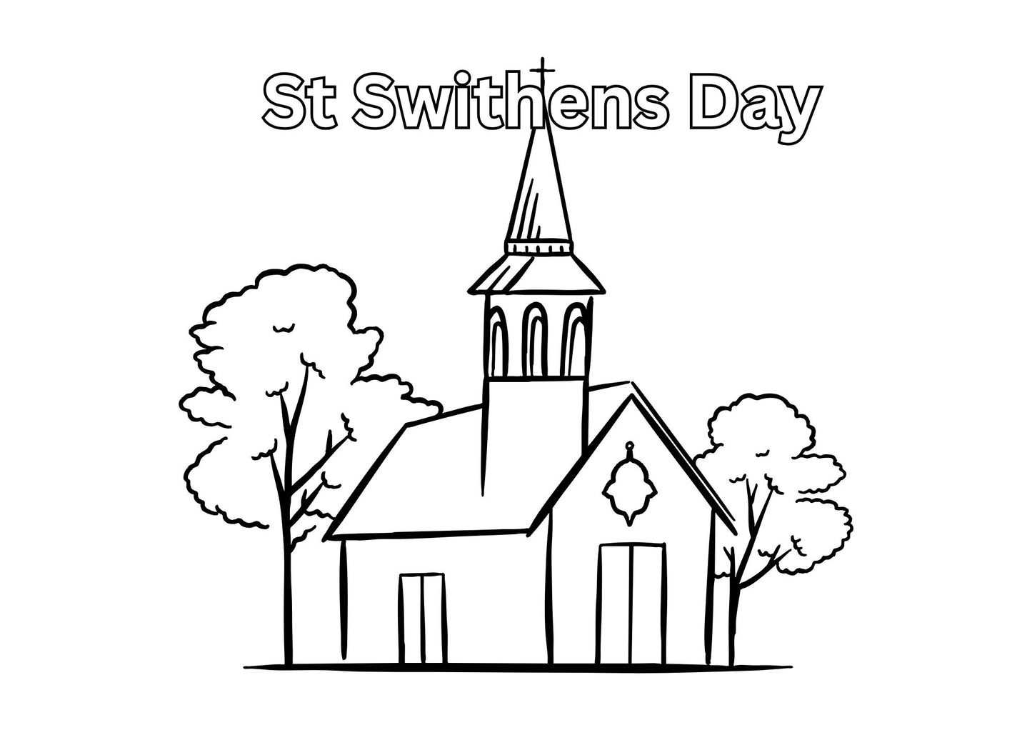 Black and white outline illustration of a church with trees and the text 'St Swithens Day' above it, shown on a plain white background.