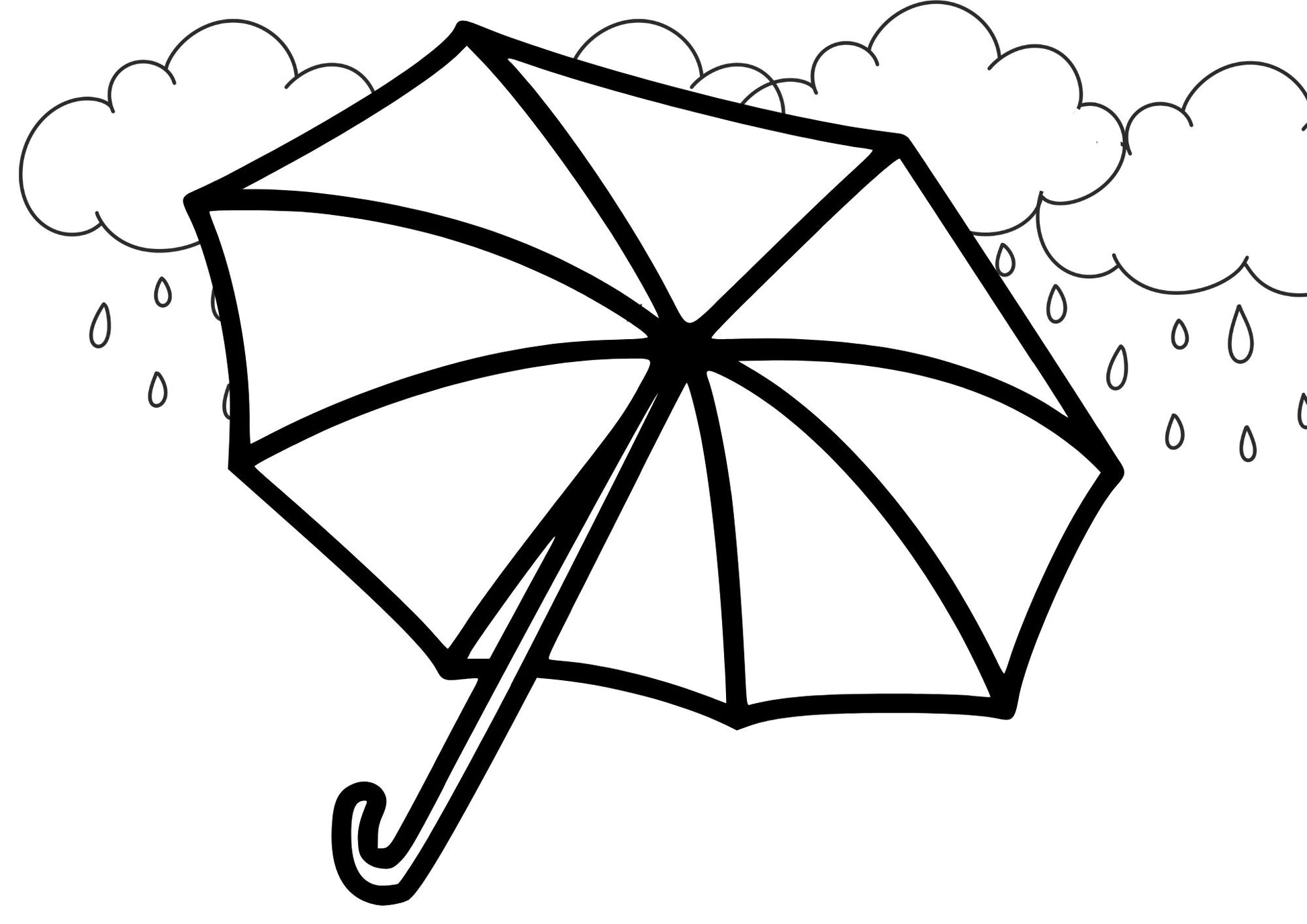 Black and white line art illustration of an open umbrella with raindrops and clouds above, shown on a plain white background.