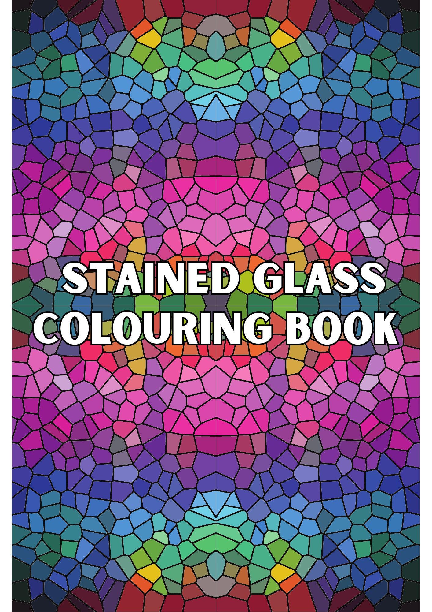 Cover of the Stained Glass Colouring Book with a colorful geometric pattern design.