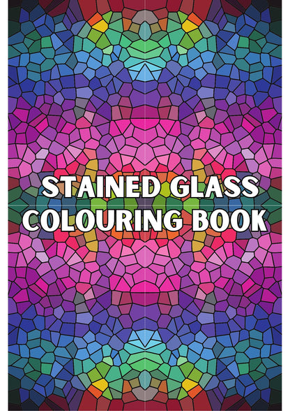 Cover of the Stained Glass Colouring Book with a colorful geometric pattern design.