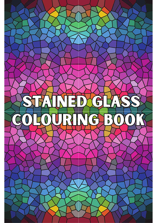 Cover of the Stained Glass Colouring Book with a colorful geometric pattern design.