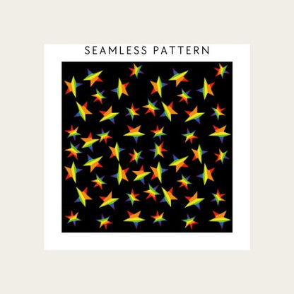 Pattern of colourful stars on a black background with 'Seamless Pattern' text.