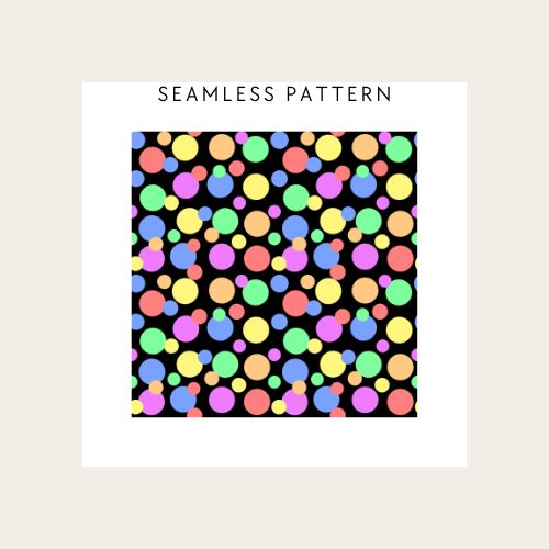 Colourful polka dot pattern on a black background with 'Seamless Pattern' text.