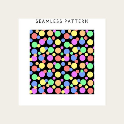Colourful polka dot pattern on a black background with 'Seamless Pattern' text.