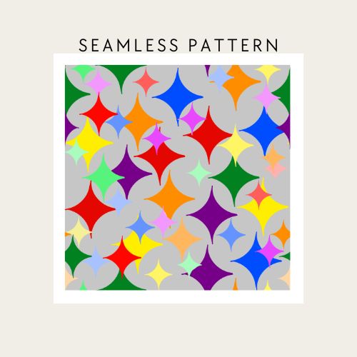 Colorful geometric pattern with stars on a gray background, labeled 'Seamless Pattern'.