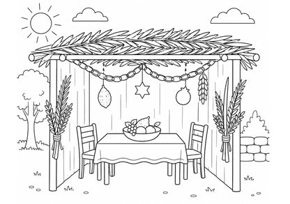 Line drawing of a sukkah with table, chairs, and Sukkot symbols outdoors.