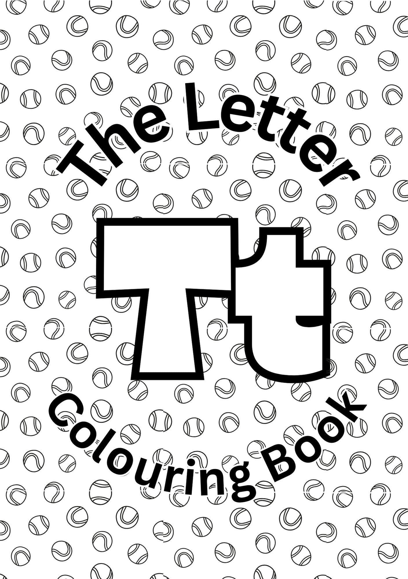 Cover of 'The Letter T Colouring Book' featuring the letter 'T' in a large, bold font, surrounded by smaller letters filling the background.