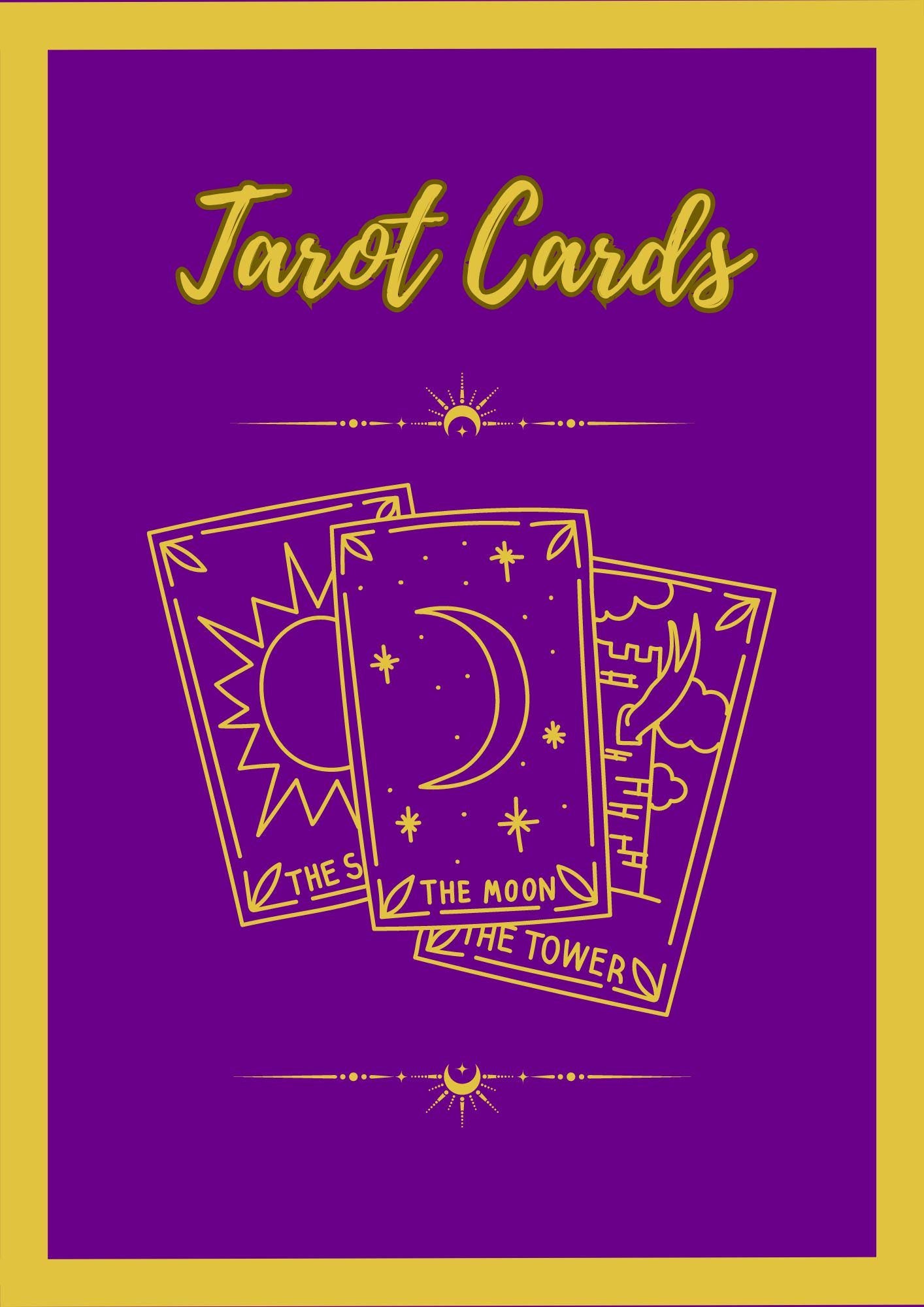 The image displays the cover of a Tarot Card Colouring Book for Adults. It features a vibrant purple background with gold accents and illustrations of tarot cards including 'The Fool', 'The Moon', and 'The Tower'.